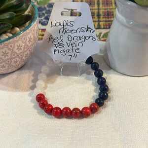 Hand Crafted Lapis, Moonstone, and Red Dragons Vein Agate Stretch Bracelet